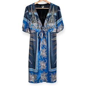 Vintage Single Dress 100% Silk Scarf Print V Neck Empire Waist Dress Women's L